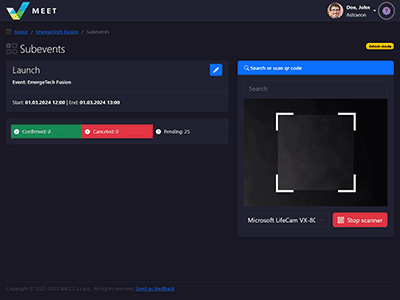 QR čtečka, subeventy (tmavý vzhled)